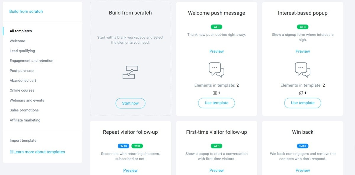 GetResponse visual automation workflow builder interface showing drag-and-drop elements and campaign templates